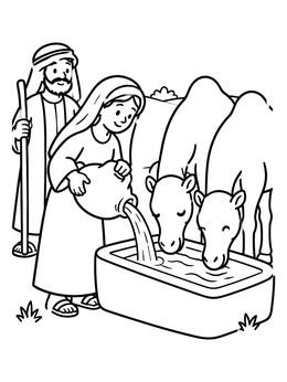 Free printable Rebekah Watering The Camels coloring page