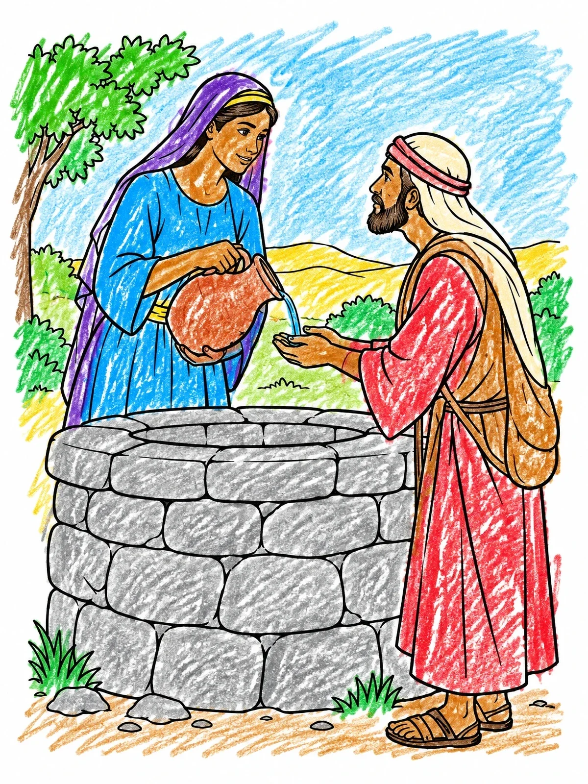 Colored example of the Rebekah Offering Water At The Well coloring page