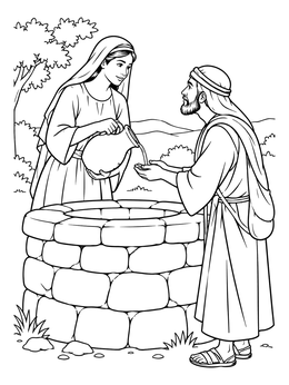Free printable Rebekah Offering Water At The Well coloring page