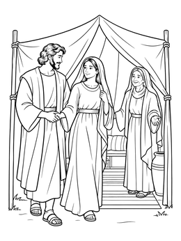 An inspiring isaac and rebekah coloring page showing the couple walking together by a tent.