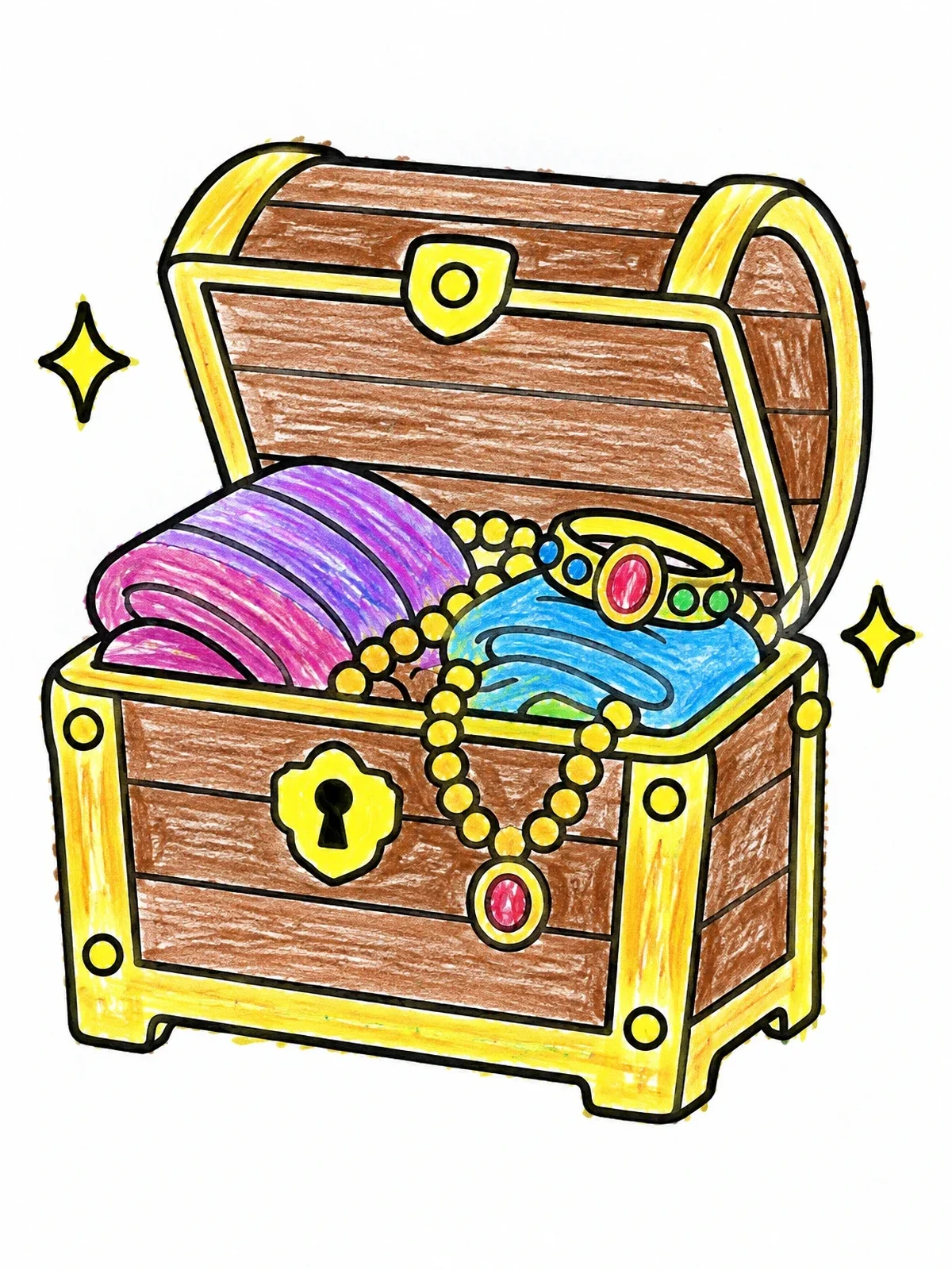Colored example of the Treasure Chest With Jewelry And Fabric coloring page