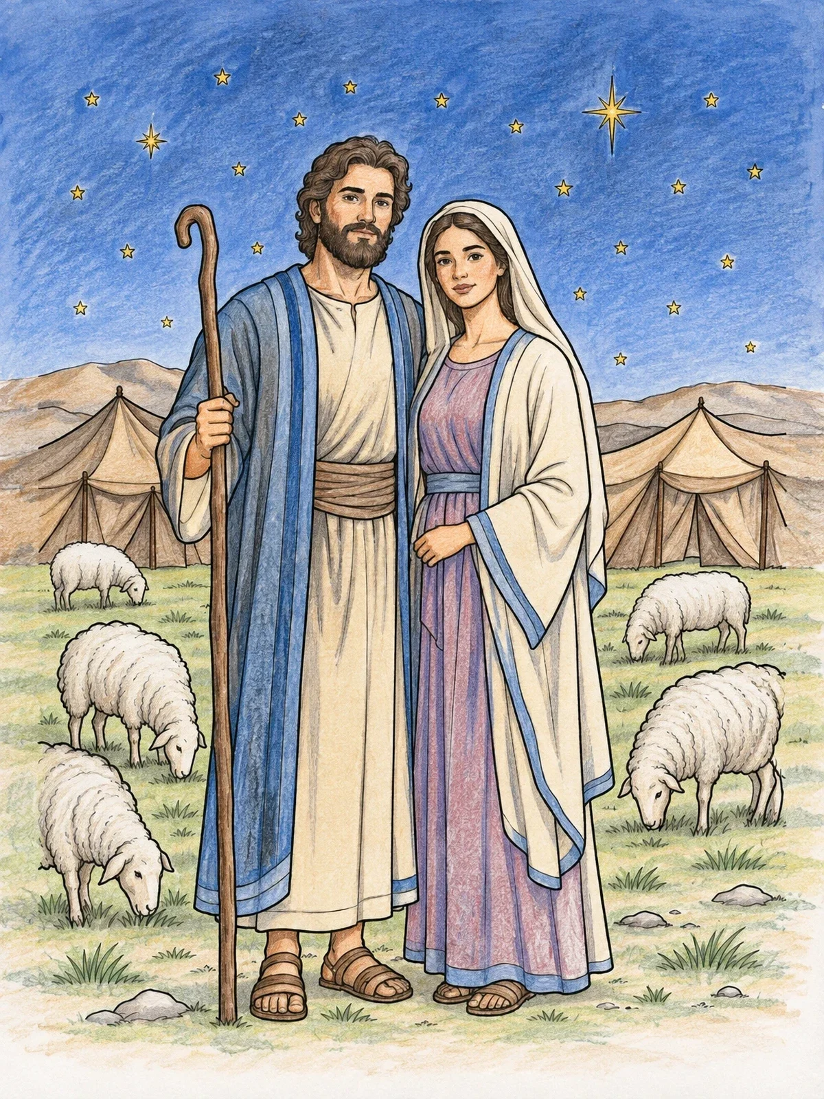 Colored example of the Isaac And Rebekah Under The Stars coloring page