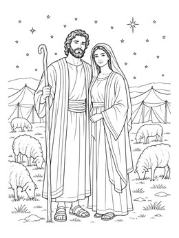 An isaac and rebekah coloring page showing the couple in robes among grazing sheep under a starry sky.