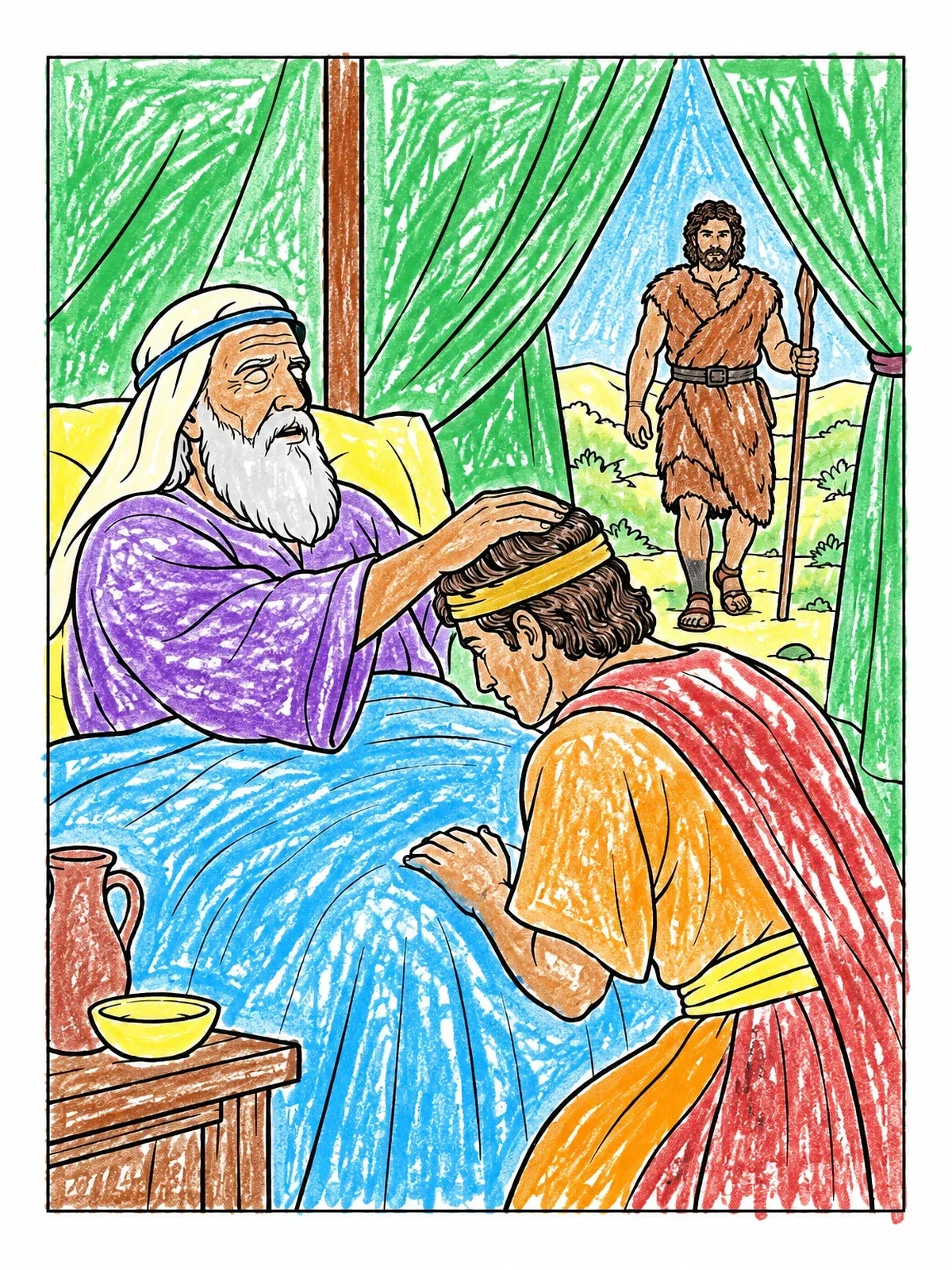 Colored example of the Isaac Blessing Jacob In Tent coloring page