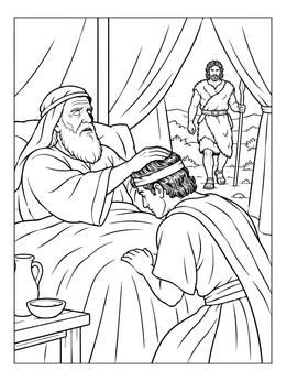 Detailed jacob and esau coloring page showing Isaac blessing kneeling Jacob as Esau approaches.