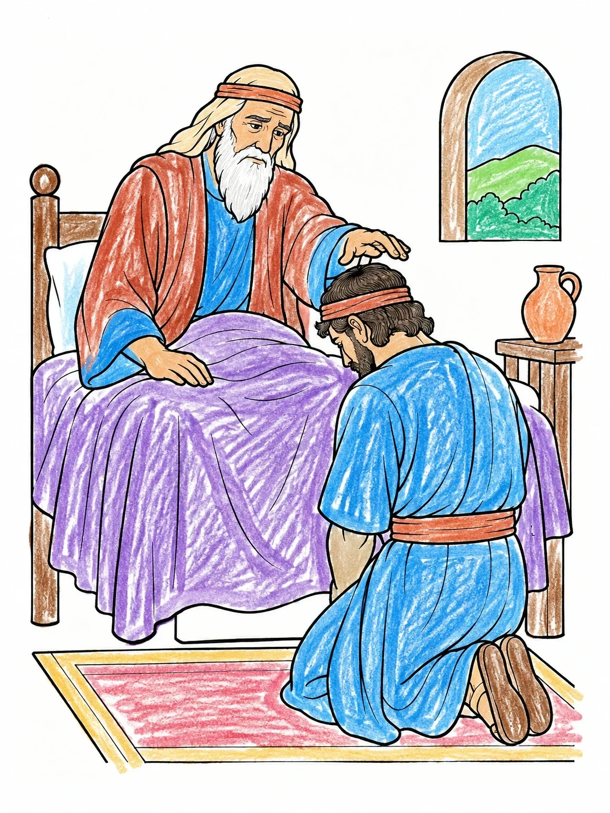 Colored example of the Isaac Blessing Jacob In Bed coloring page