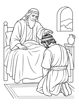 A meaningful jacob and esau coloring page showing aged Isaac placing his hand in blessing on kneeling Jacob.