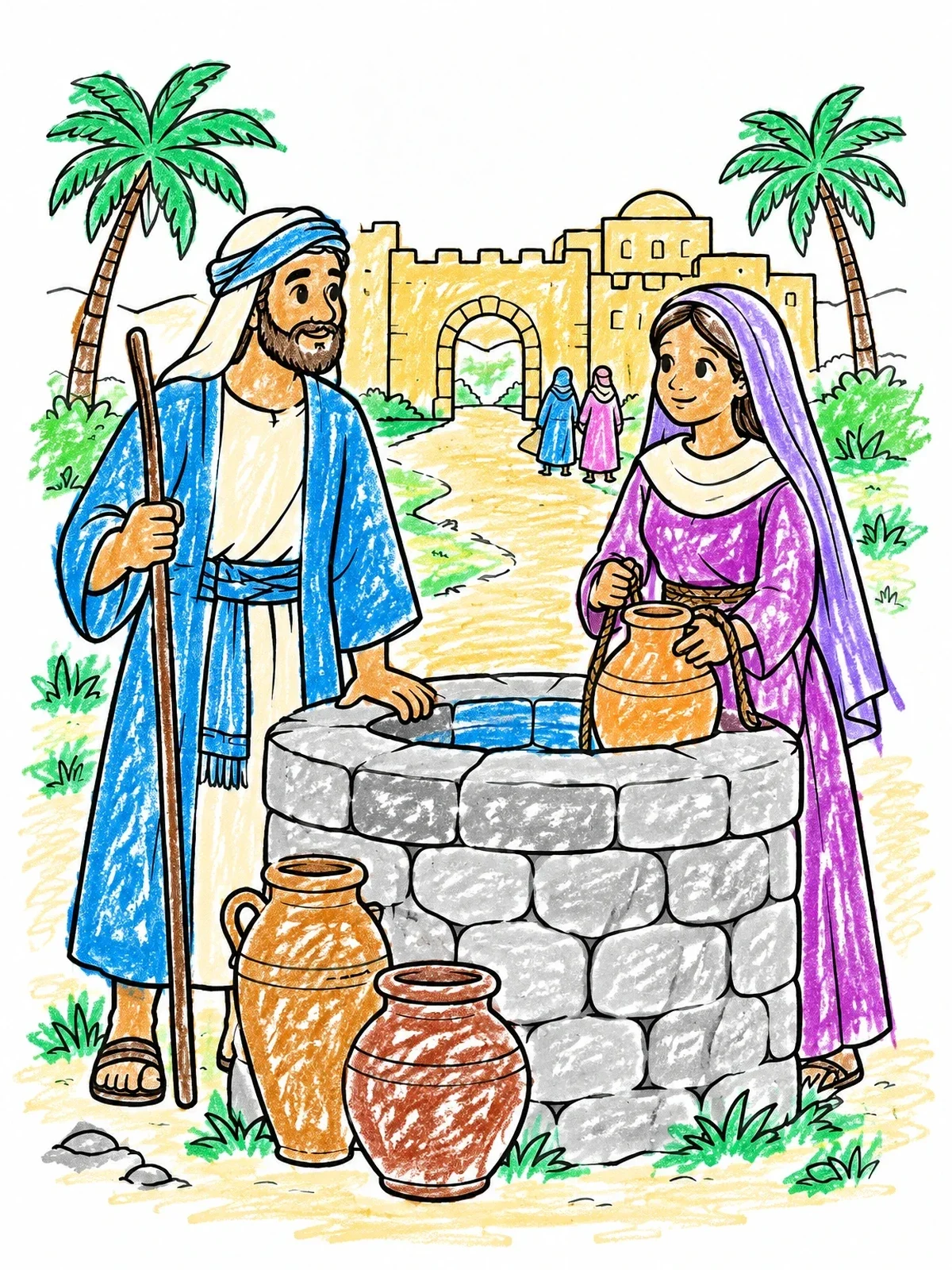 Colored example of the Meeting At The Stone Well coloring page
