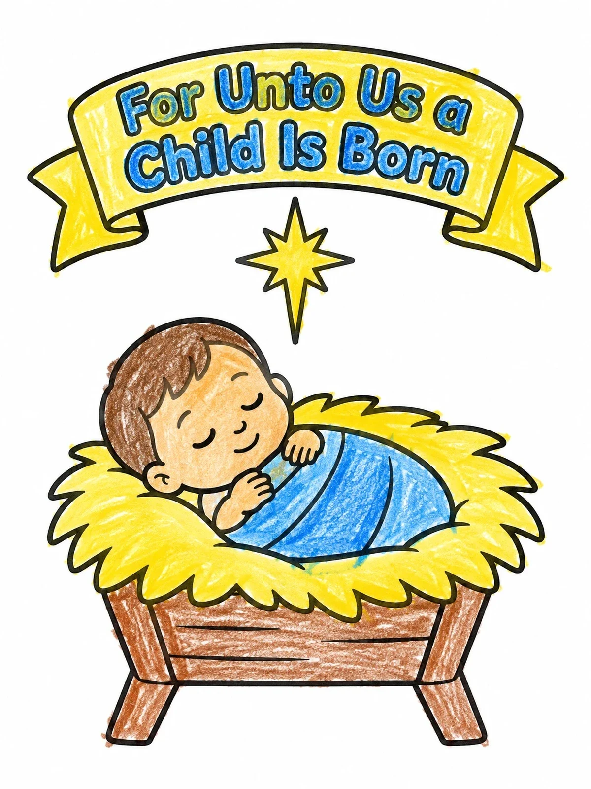 Colored example of the Baby Jesus In The Manger coloring page