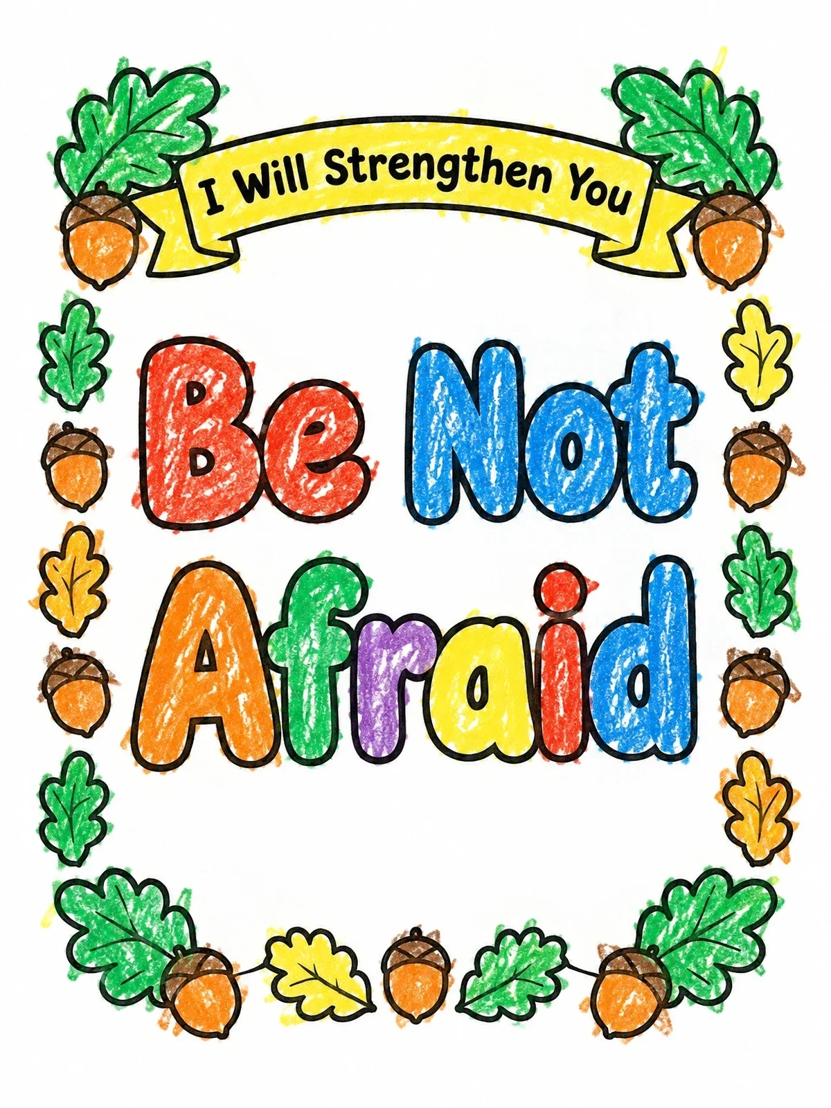 Colored example of the Be Not Afraid Oak Border coloring page