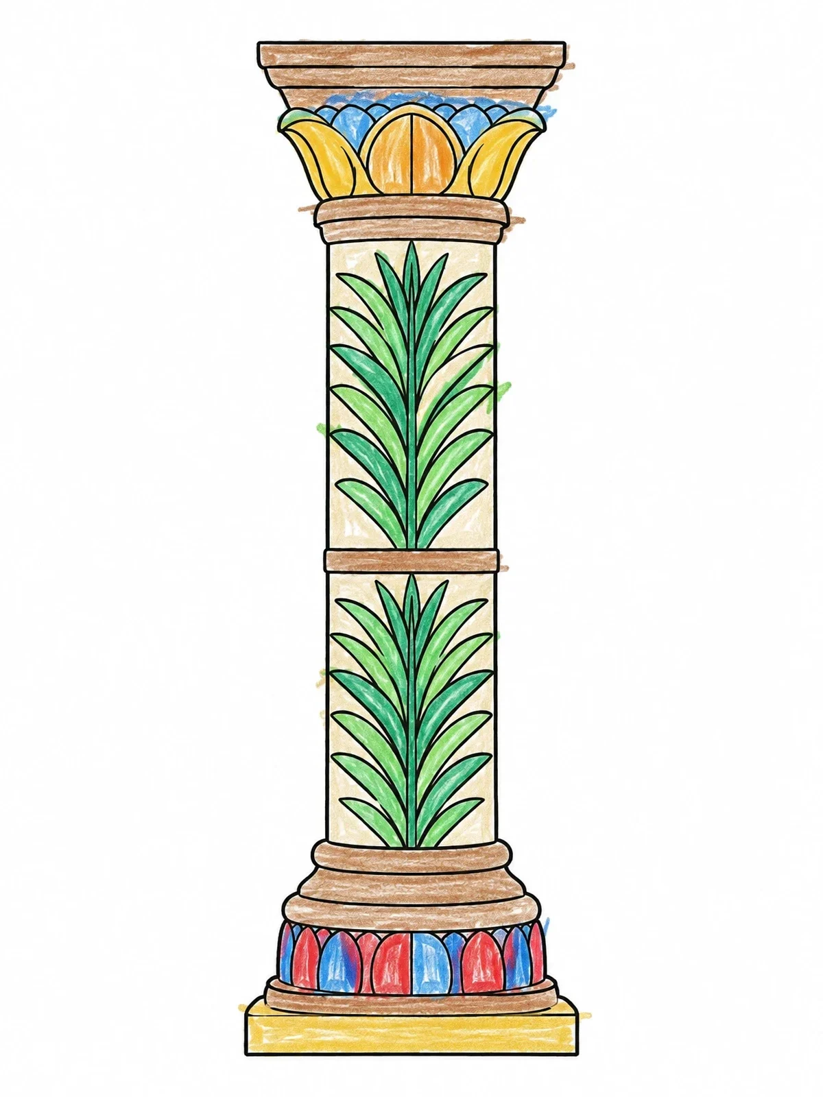 Colored example of the Carved Temple Column With Palm Fronds coloring page