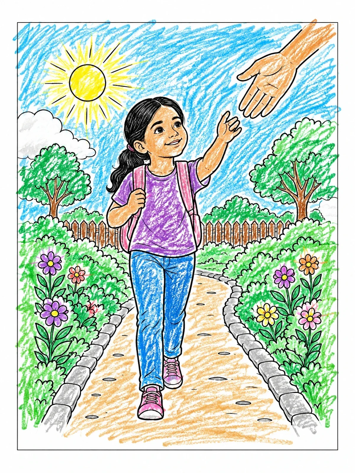 Colored example of the Guided Child On A Sunny Garden Path coloring page