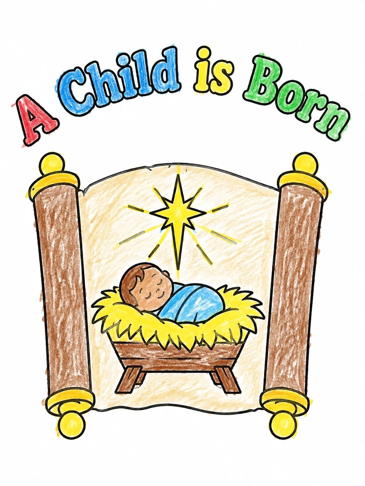 Colored example of the Prophecy Scroll With Baby In Manger coloring page