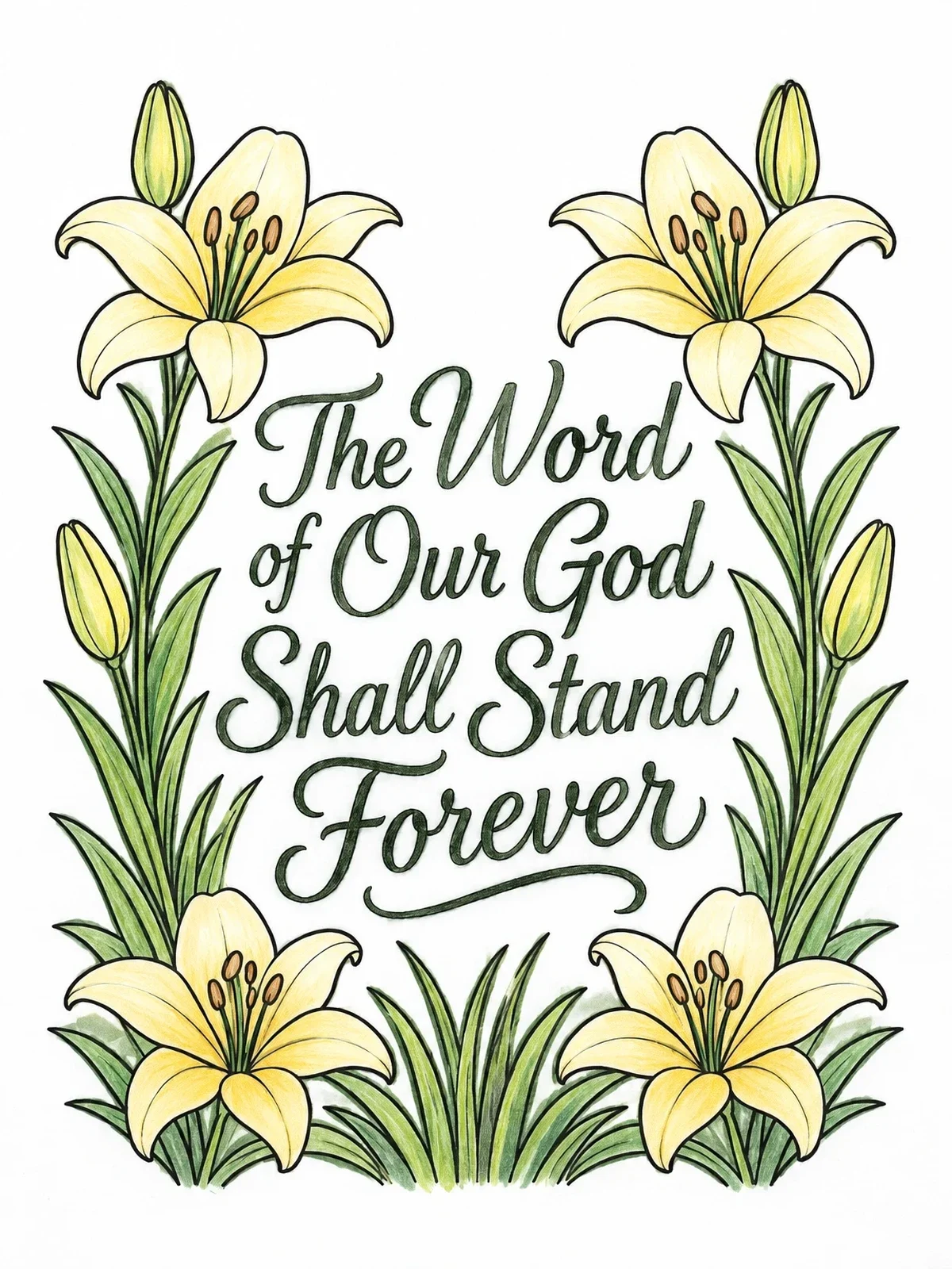 Colored example of the Isaiah Scripture With Lily Floral Border coloring page