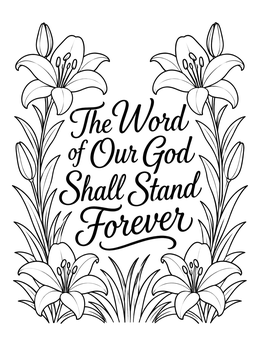 Floral border of lilies framing Scripture text in this isaiah coloring page.