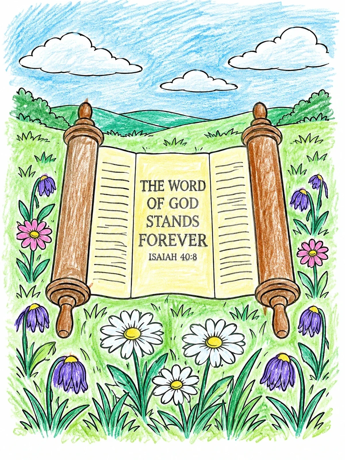 Colored example of the Isaiah Scripture Scroll In Meadow coloring page