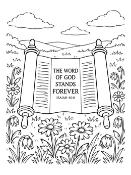 An open scripture scroll in a flowering meadow on this isaiah coloring page.