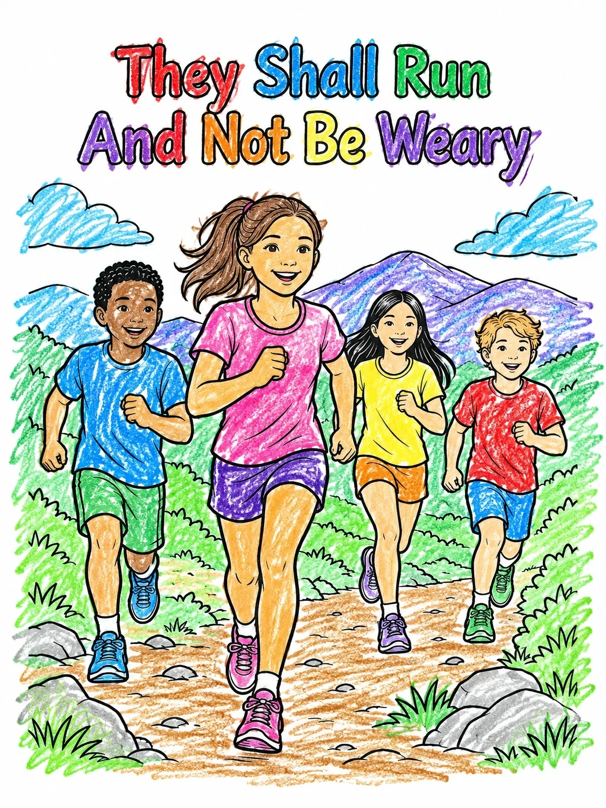 Colored example of the Young Runners On Hillside Trail coloring page