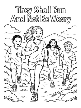 Children running together outdoors in this inspiring Isaiah coloring page with Scripture text.