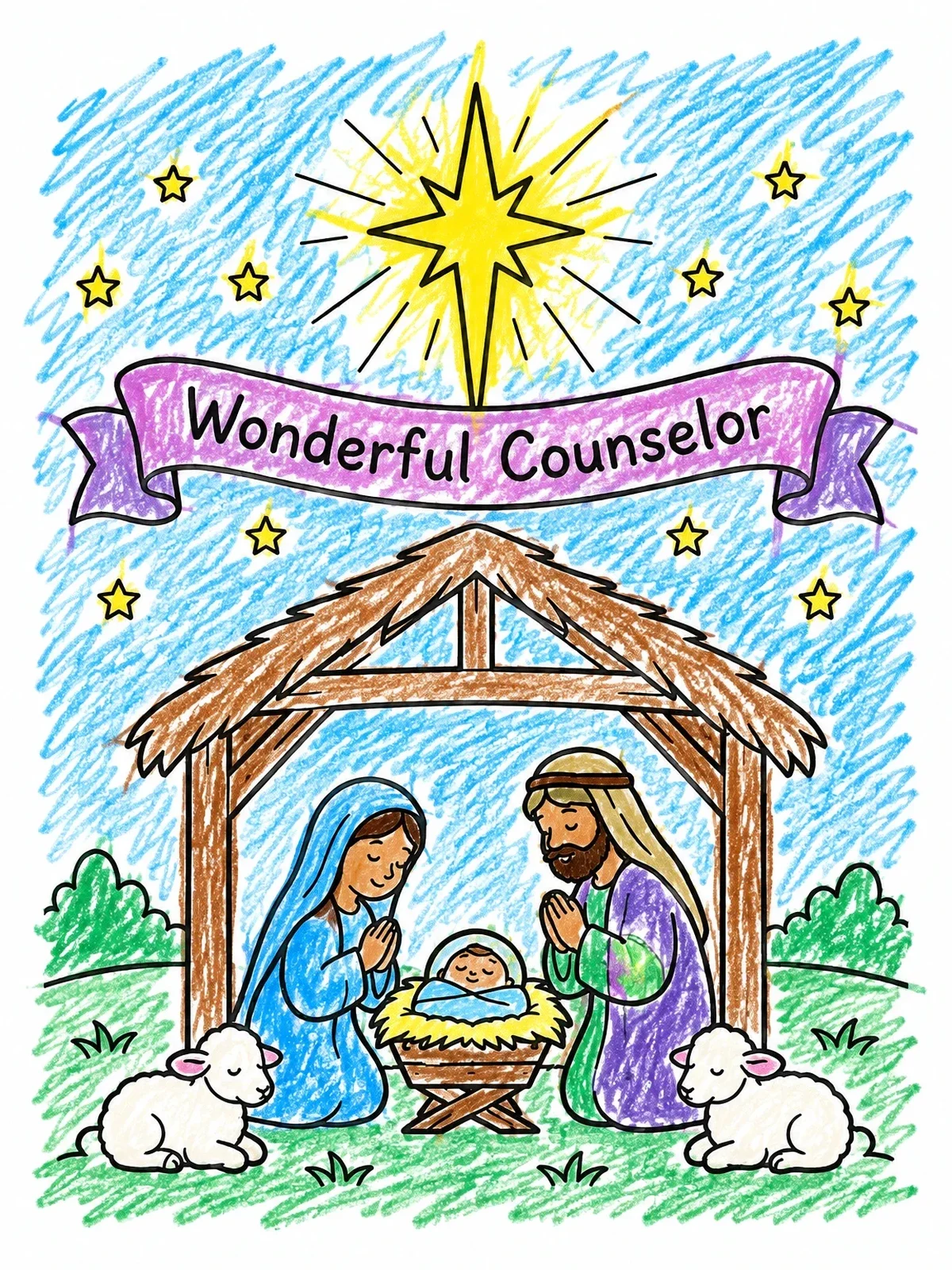 Colored example of the Wonderful Counselor Nativity Scene coloring page