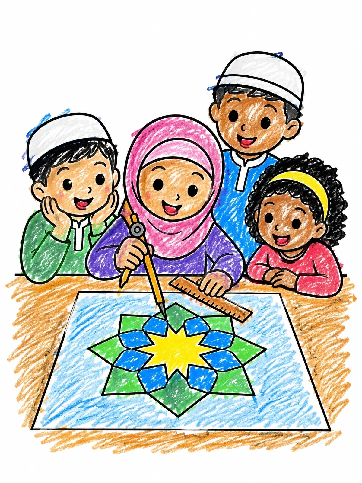 Colored example of the Children Drawing Geometric Pattern coloring page