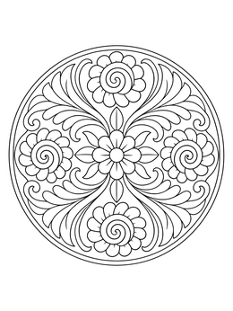 Symmetrical circular medallion on this islamic art coloring page featuring ornate leaves and floral spiral motifs.