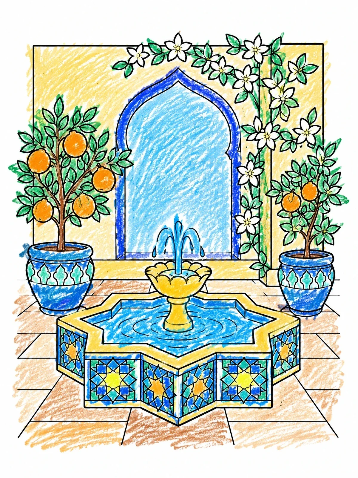 Colored example of the Courtyard Star Fountain And Citrus Trees coloring page