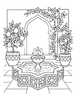 Free printable Courtyard Star Fountain And Citrus Trees coloring page