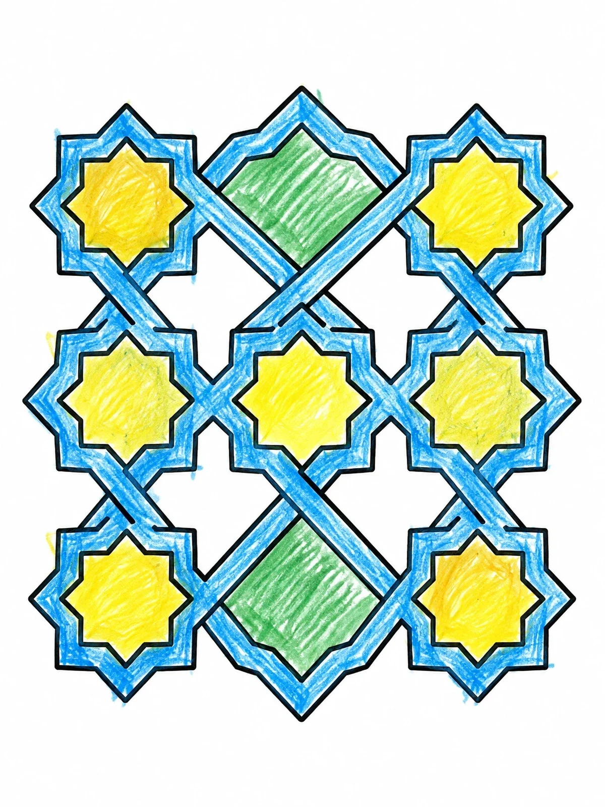 Colored example of the Geometric Eight Pointed Star Pattern coloring page