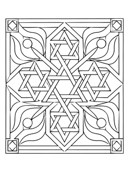 A detailed islamic art coloring page featuring interlaced geometric hexagram stars.