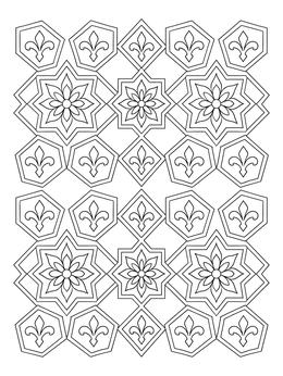 Intricate islamic art coloring page with stars, diamonds, and floral motifs.