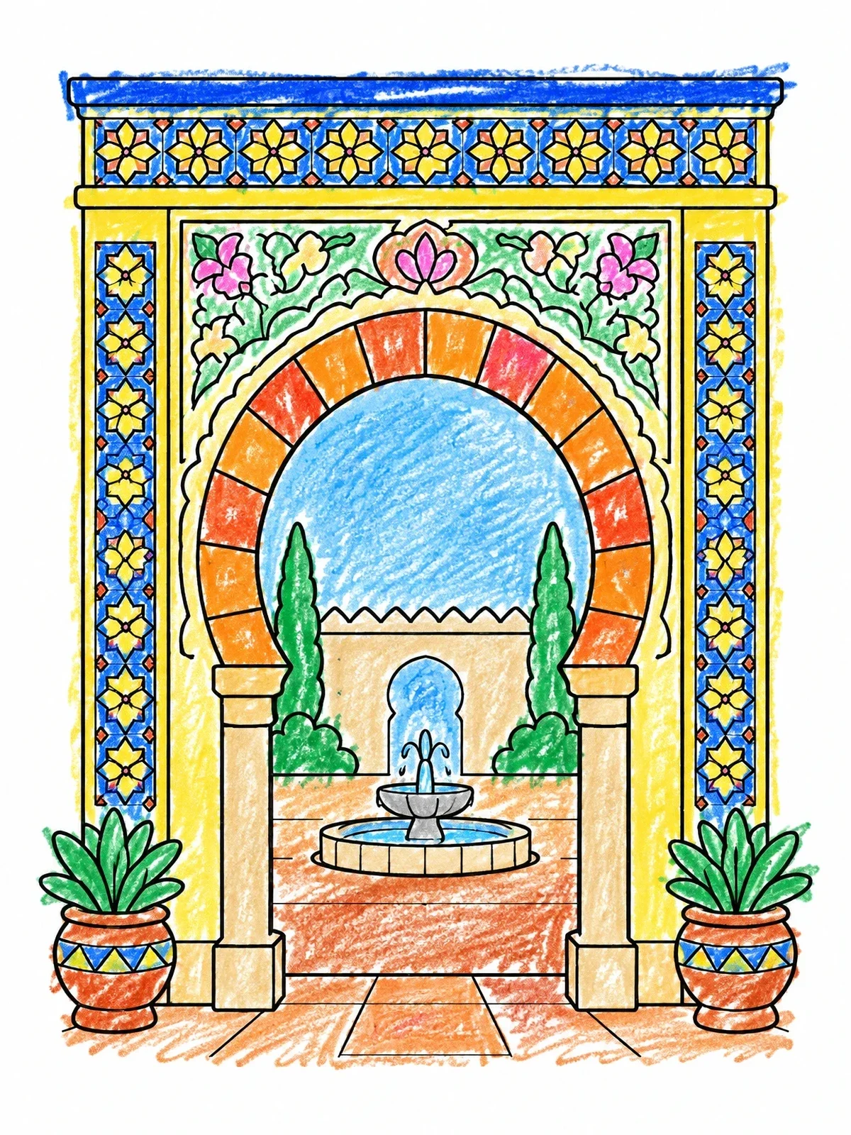 Colored example of the Horseshoe Archway With Courtyard Fountain coloring page