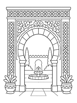 Free printable Horseshoe Archway With Courtyard Fountain coloring page