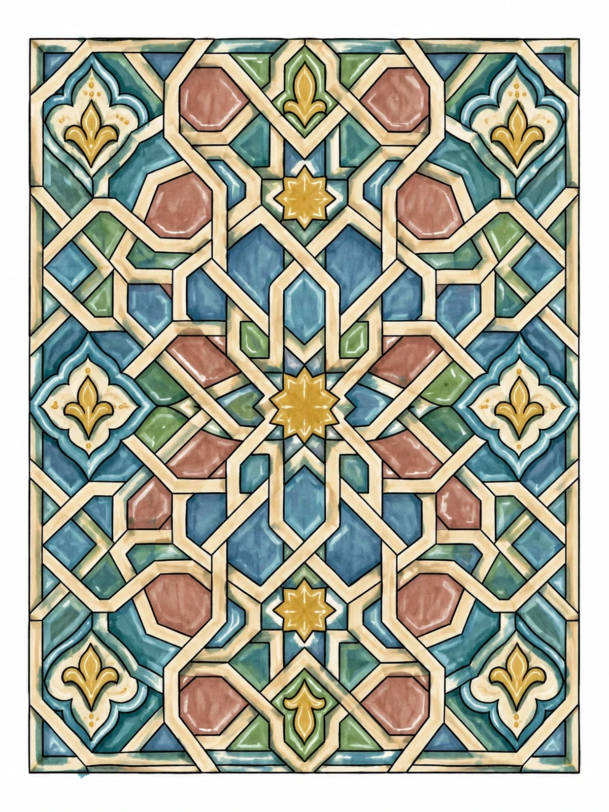 Colored example of the Moroccan Geometric Strapwork Pattern coloring page