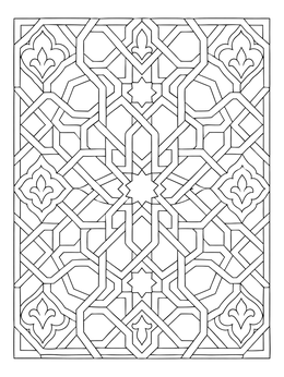 Interlocking geometric tiles in an intricate islamic art coloring page design.