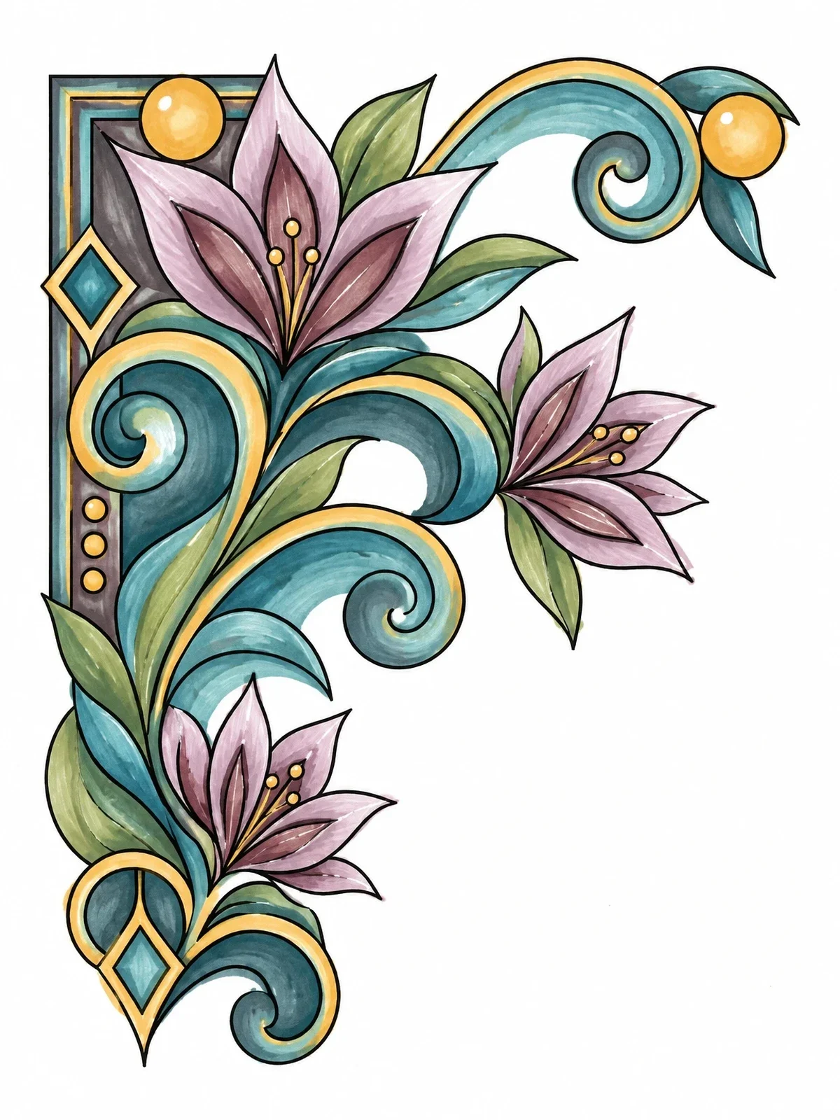 Colored example of the Ornate Floral Arabesque Corner Ornament coloring page
