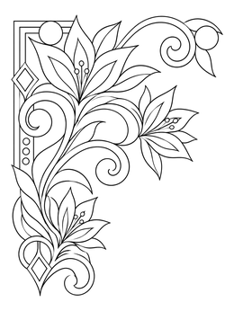 An ornate floral islamic art coloring page featuring elegant corner scrolls and lilies.