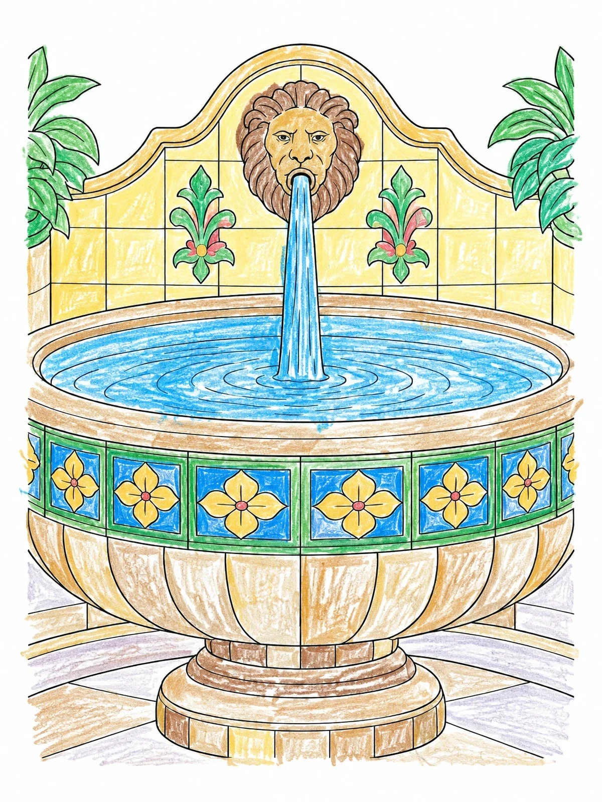 Colored example of the Ornate Lion Head Fountain Basin coloring page