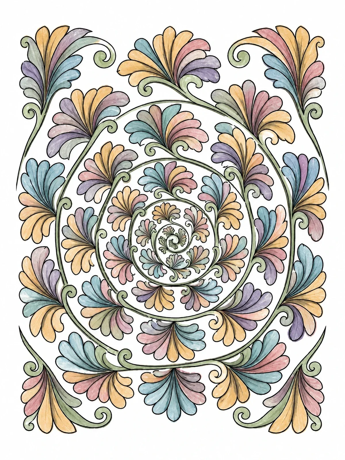 Colored example of the Spiral Palmette Arabesque Mandala coloring page