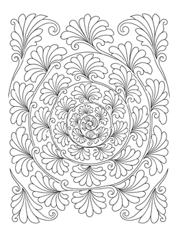 Detailed islamic art coloring page featuring a repeating spiral of stylized palmette leaves.