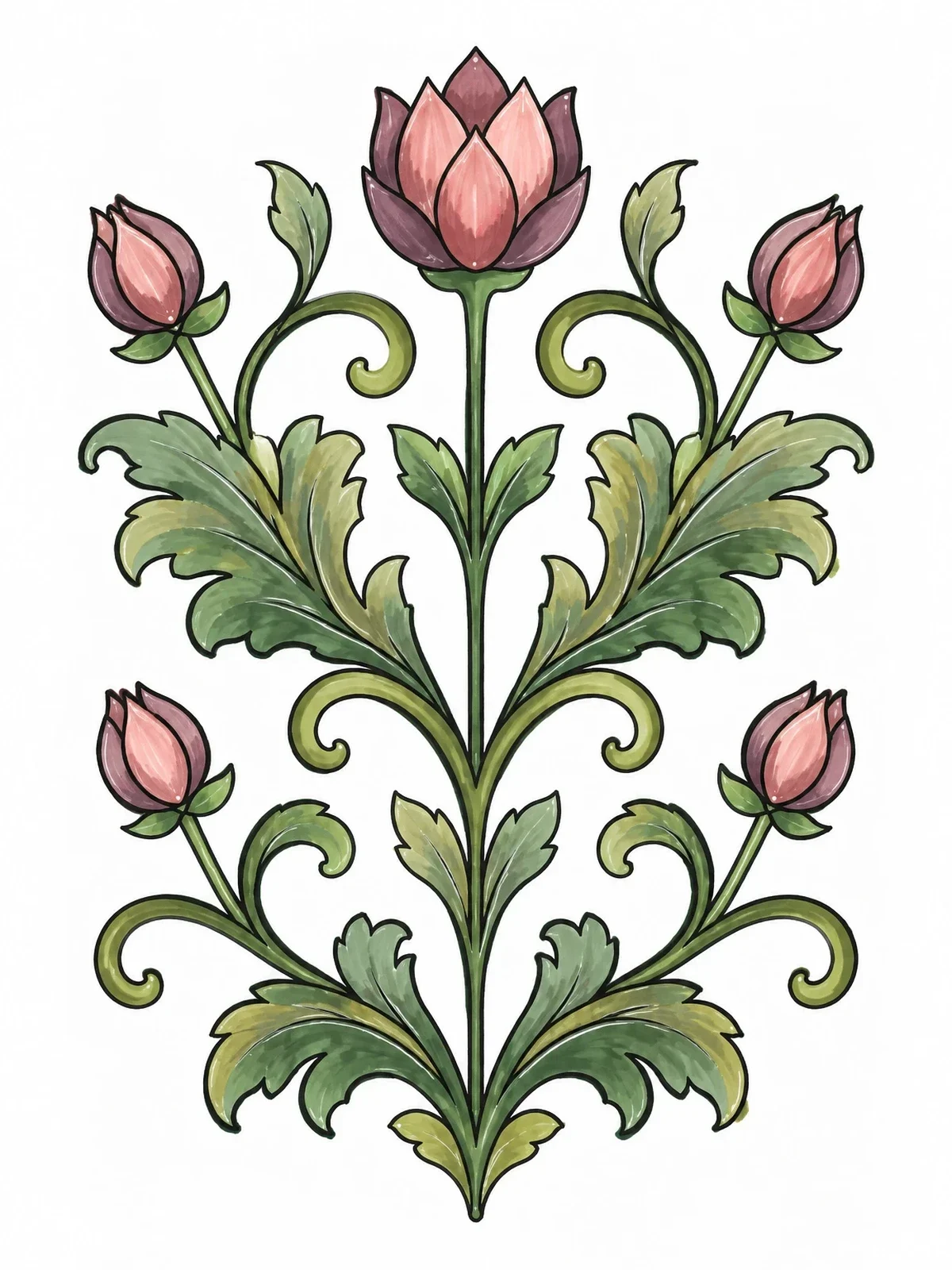 Colored example of the Symmetrical Arabesque Botanical Floral Motif coloring page