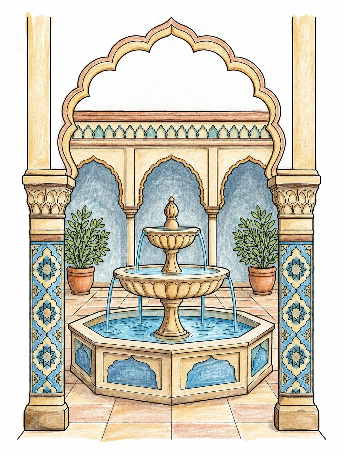 Colored example of the Islamic Courtyard Fountain And Arches coloring page
