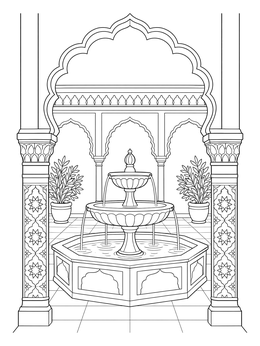 An ornate courtyard fountain in this islamic art coloring page framed by scalloped arches.
