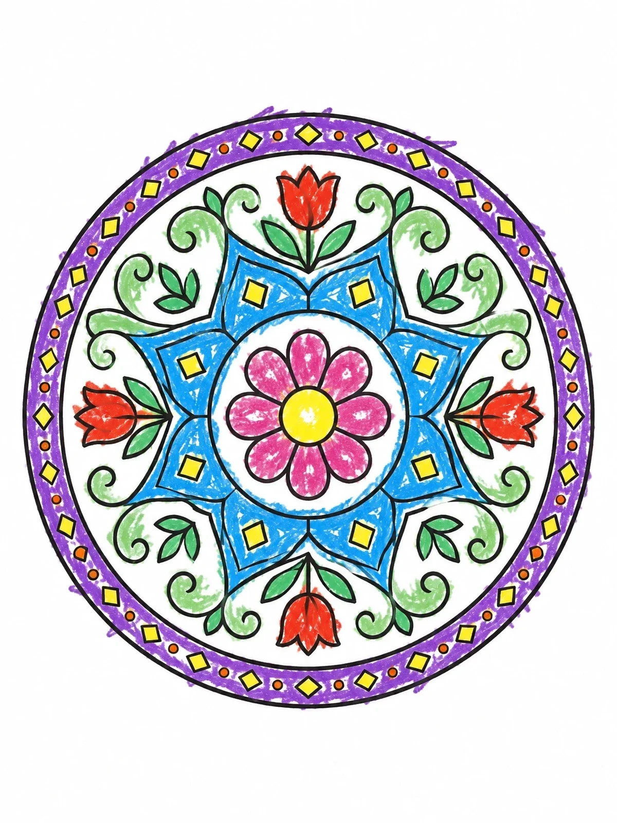 Colored example of the Islamic Floral Arabesque Mandala coloring page