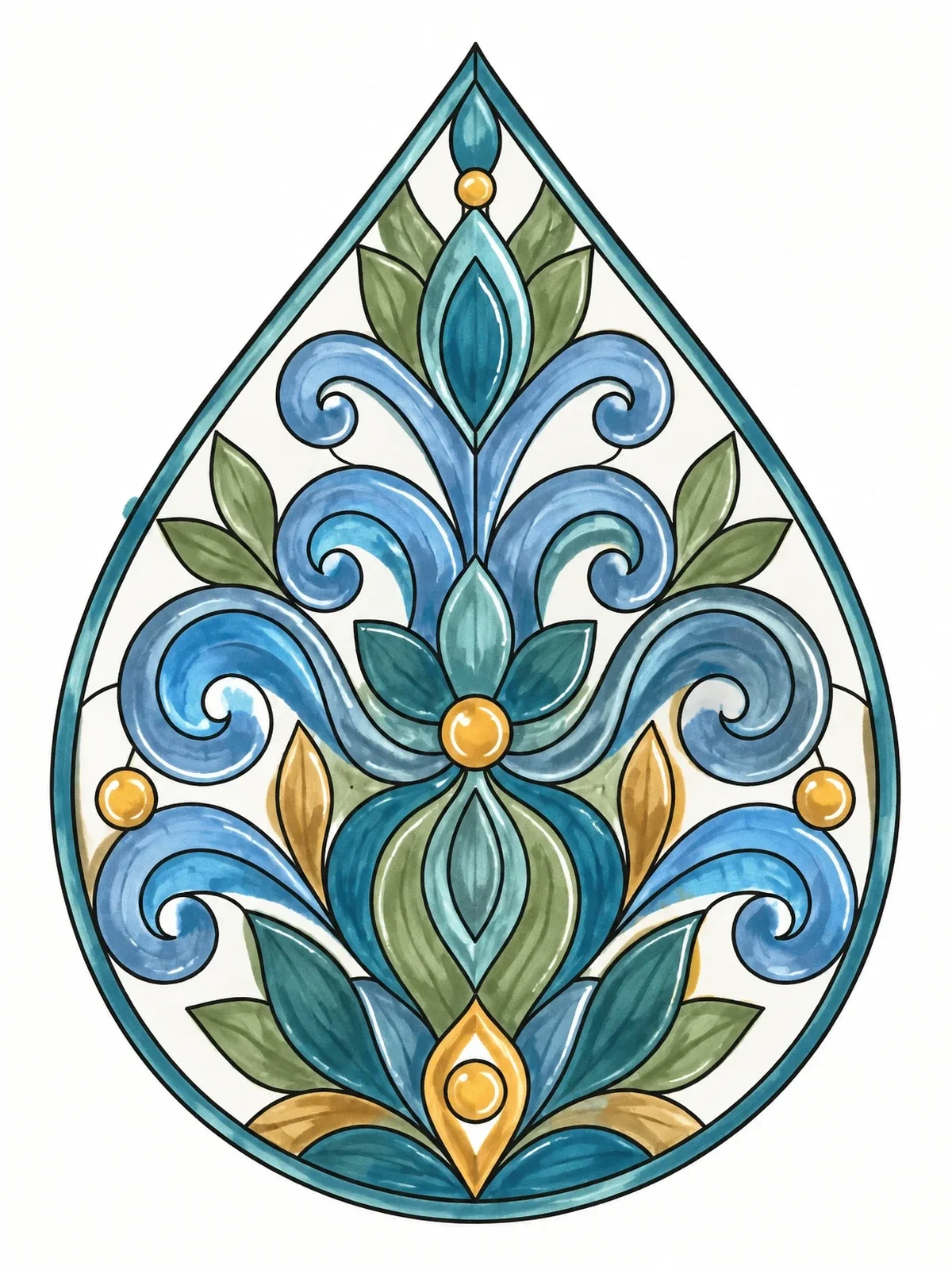 Colored example of the Islamic Teardrop Floral Medallion coloring page