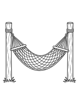 A rope hammock suspended between two wooden posts on an island coloring page.