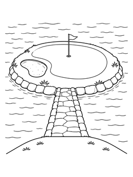 An island green surrounded by water on this golf coloring page.