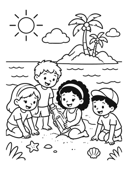 Free printable Children Finding Message In A Bottle coloring page