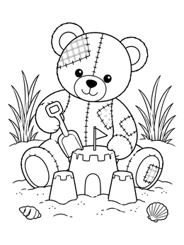 A cute patchwork teddy bear building a sandcastle on an island coloring page.