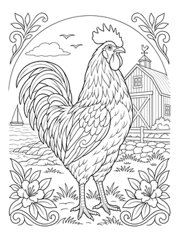 A proud rooster stands before a seaside farm in this island coloring page.
